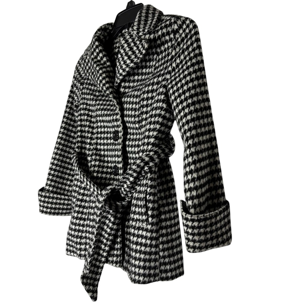 JouJou Houndstooth Wool Blend Belted Pea Coat Kids Black White Patterned - Picture 6 of 9